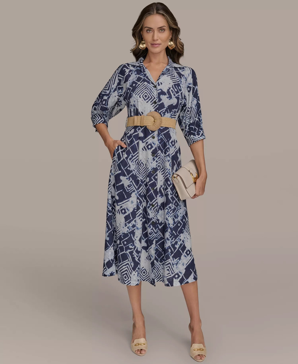 Donna Karan Belted Long Sleeve Linen Blend Maxi Shirtdress In Ink ,Size 10, 199$